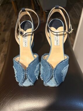 Jimmy Choo Denim Frayed Peep-Toe Ankle Strap Heels - Blue